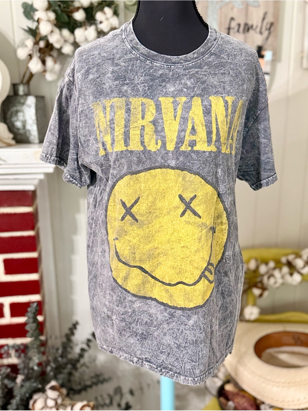 NIRVANA Gray Mineral-Wash Tee with Yellow Smiley